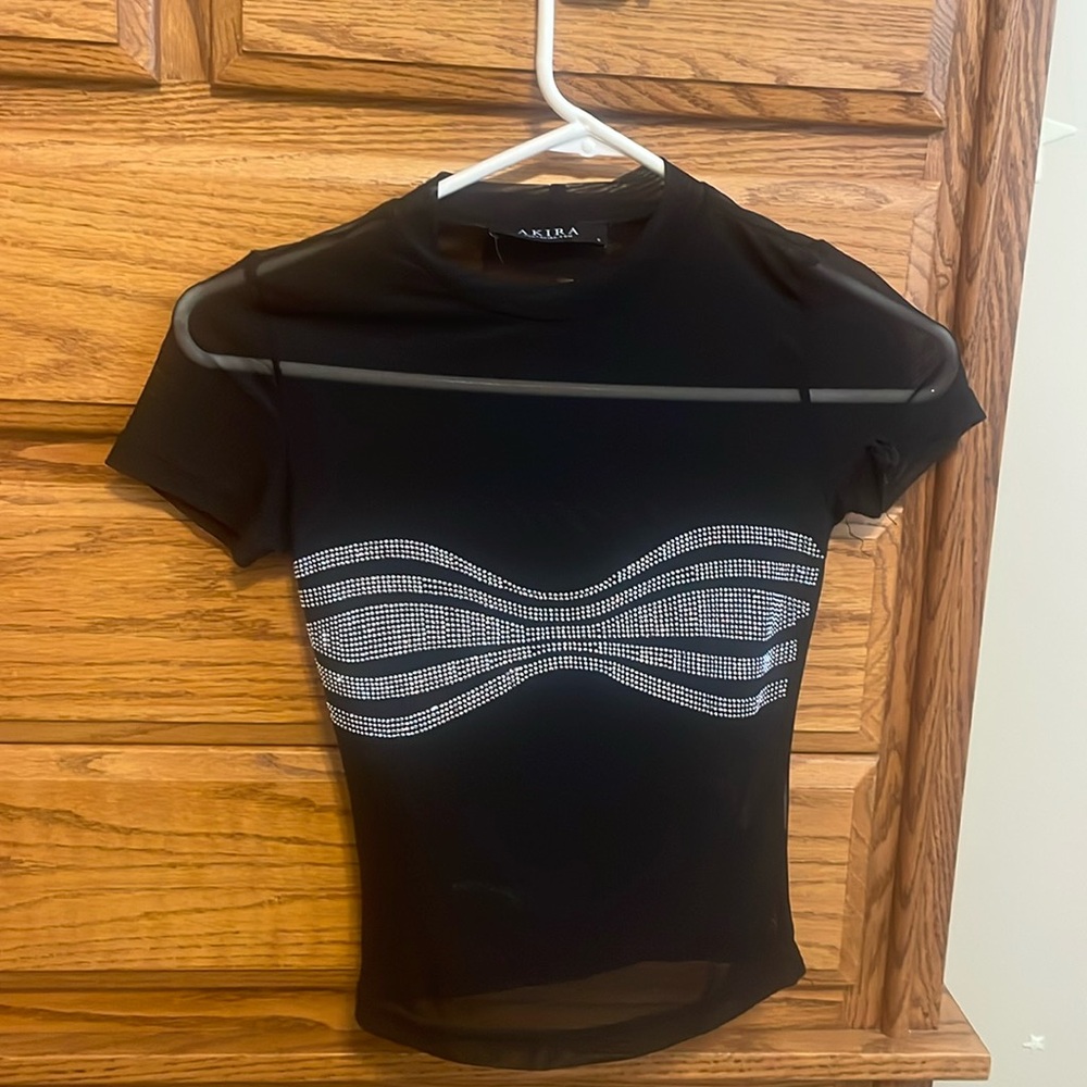 Black Rhinestone Mesh Top